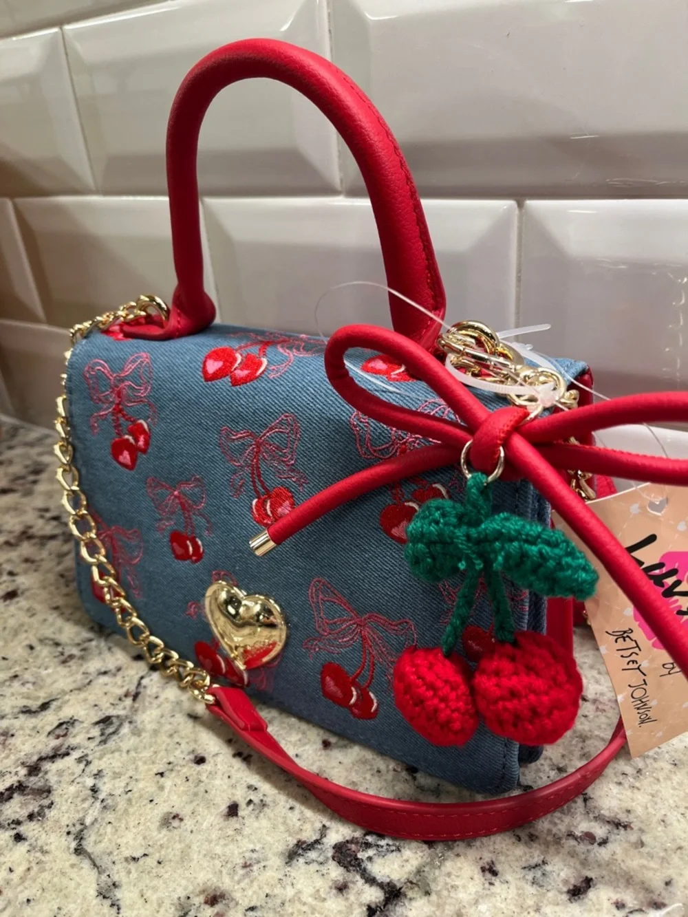 Betsy Johnson Cherry Denim Kitsch Crossbody Bag NWT - Picture 3 of 12